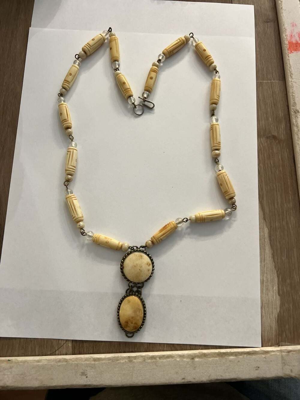 Vintage Carved Bone Barrel Bead Pendant Necklace Cream Boho